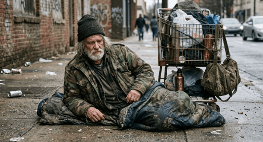 Homeless U.S. Military Veteran in camo uniform lying on sidewalk next to shopping cart